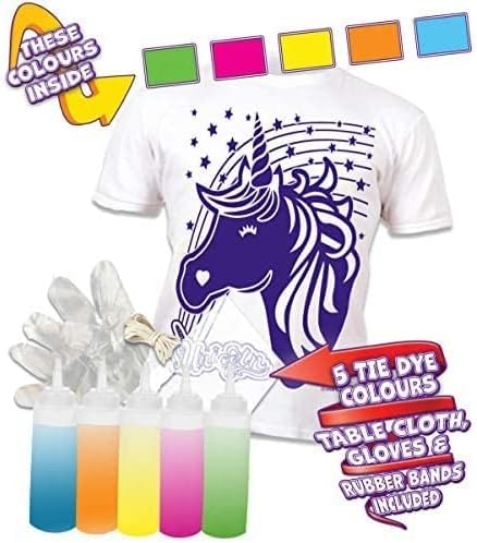 Splat Planet Unicorn DIY TIE Dye T-Shirt T-Shirt สีสิ่งทอผ้าห้าสีถุงมือผ้ากันเปื้อนผ้าปูโต๊ะและแถบยาง สร้างเสื้อยืด
