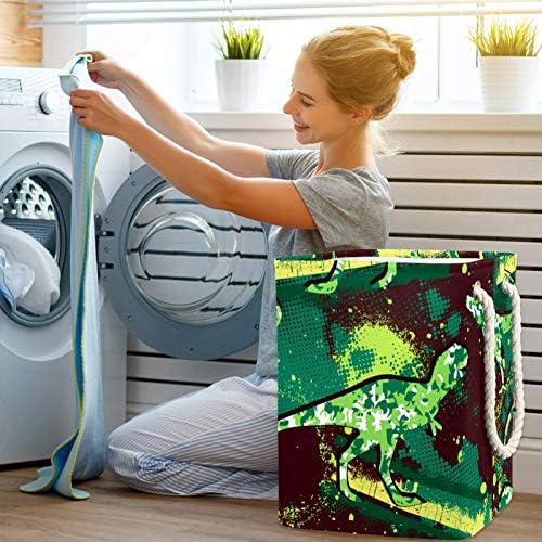 Deyya Dinosaur Camo Green Laundry Baskets Hamper สูงแข็งแรงพับเก็บได้สำหรับผู้ใหญ่เด็กวัยรุ่นเด็กผู้หญิงในห้องนอนห้องน้ำ