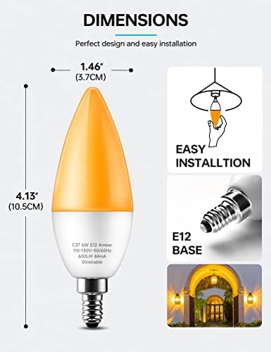 Kindeep Candelabra LED LED LOUD LIGHT BULBS DIMMABLE, ไฟบั๊ก 6W LED 60 วัตต์เทียบเท่ากัน, หลอดไฟระเบียงไฟแอมเบอร์
